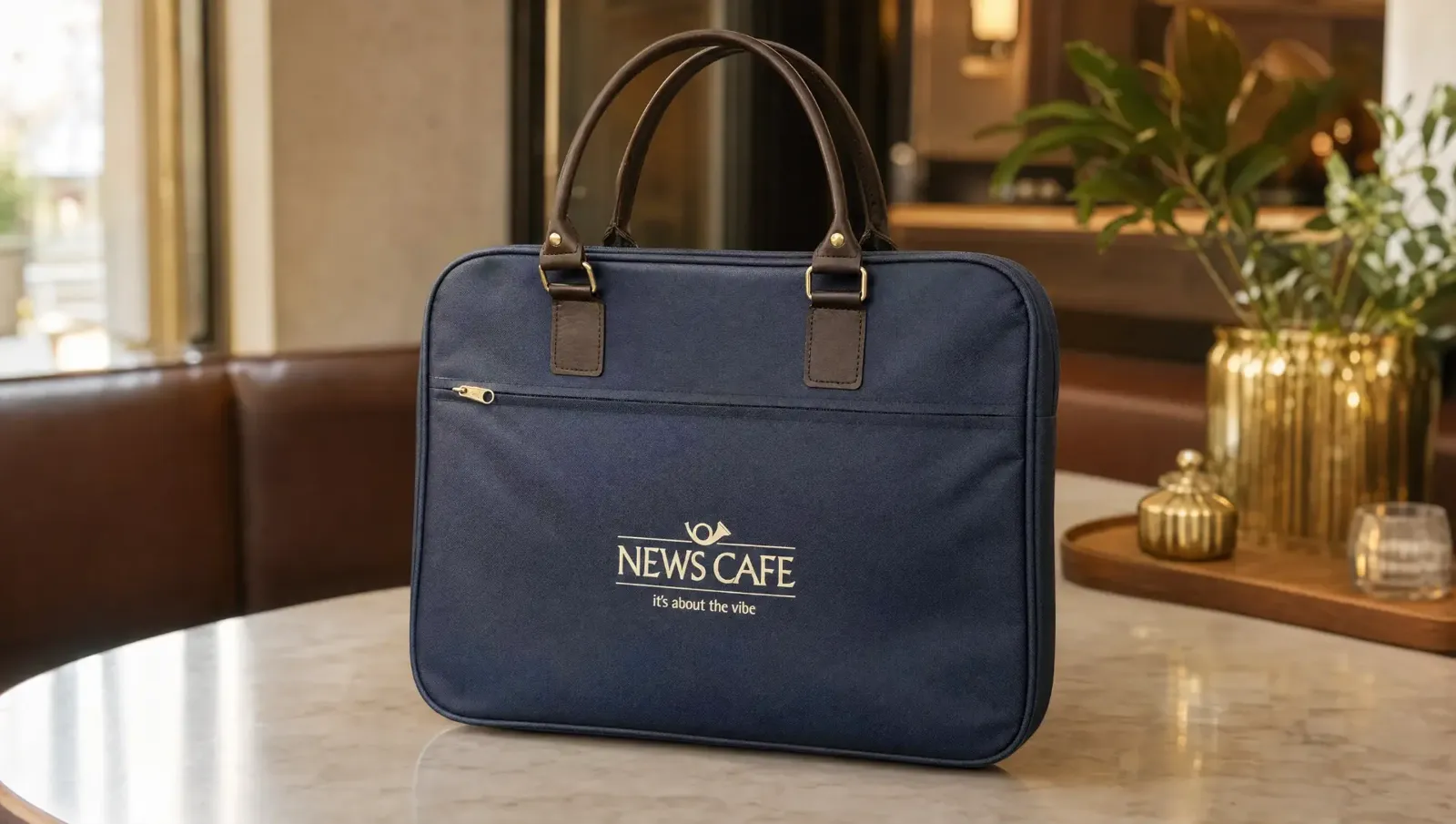 News Cafe branded navy messenger bag