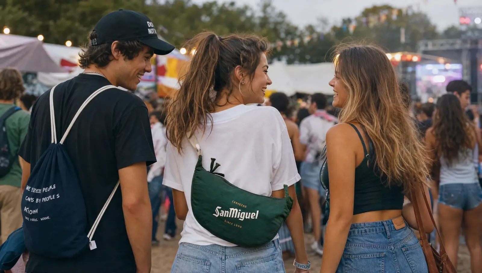 Green San Miguel branded moon bag worn at a festival