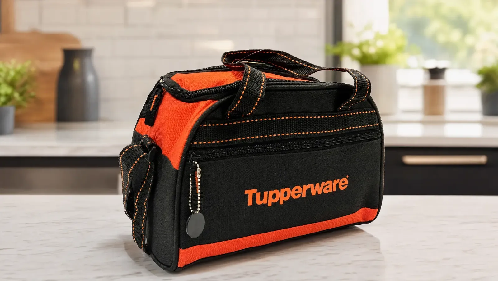 Tupperware branded black and orange tog bag