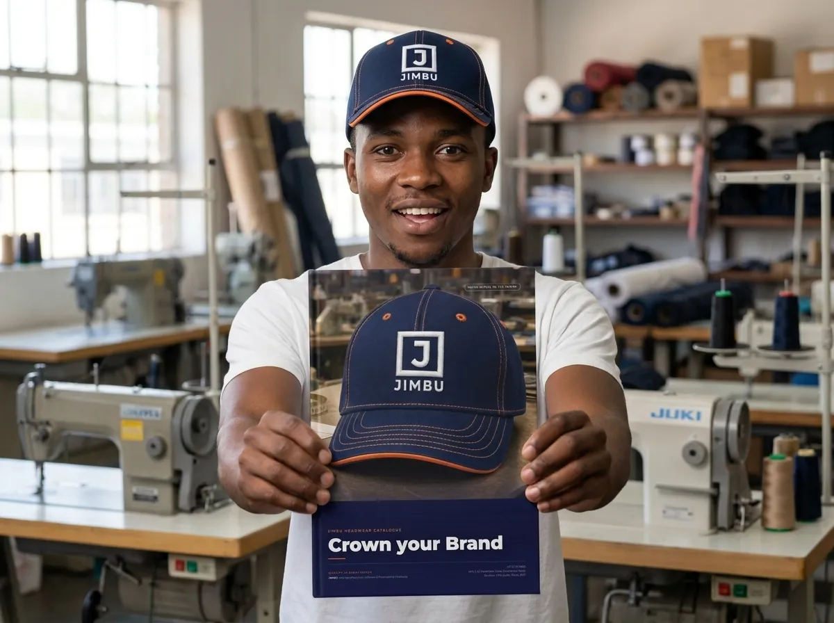 JIMBU team member holding the Crown your Brand headwear catalogue